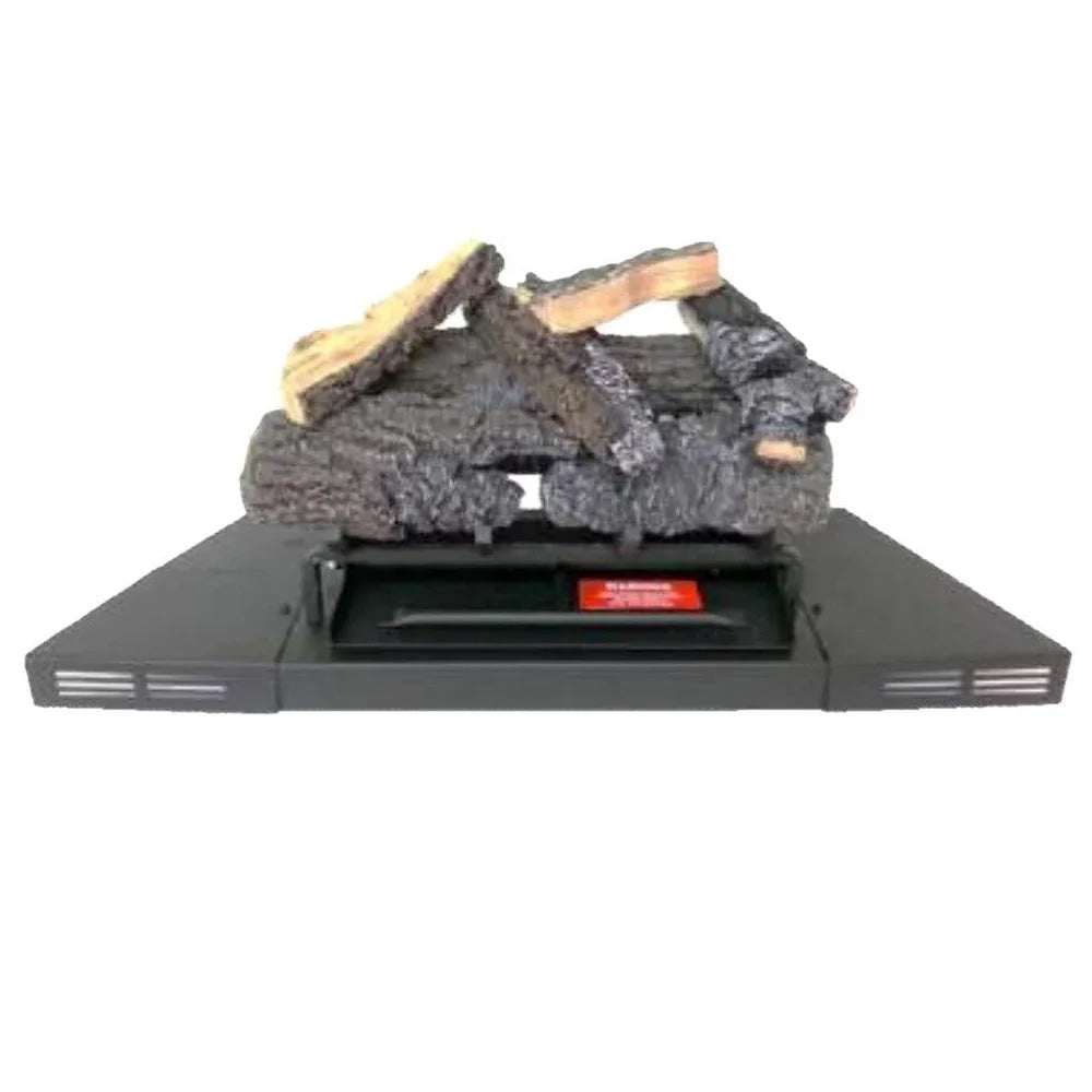 Black vented gas burner concealment kit with burner pan and decorative logs