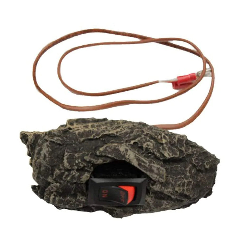 Bark chip on/off switch with black base, red rocker, and brown wire lead