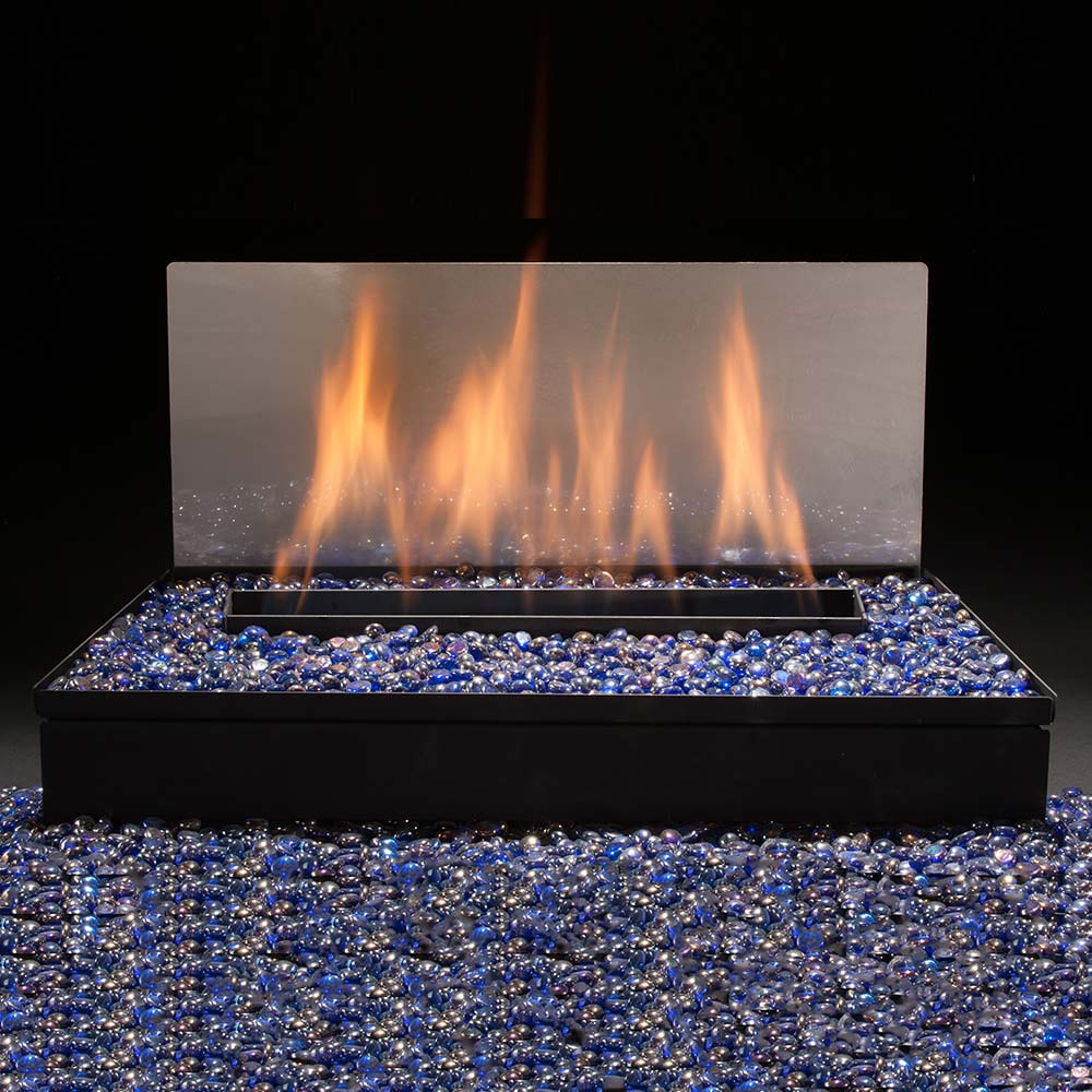Vent-free gas burner with millivolt valve, blue glass media and flames in black firebox