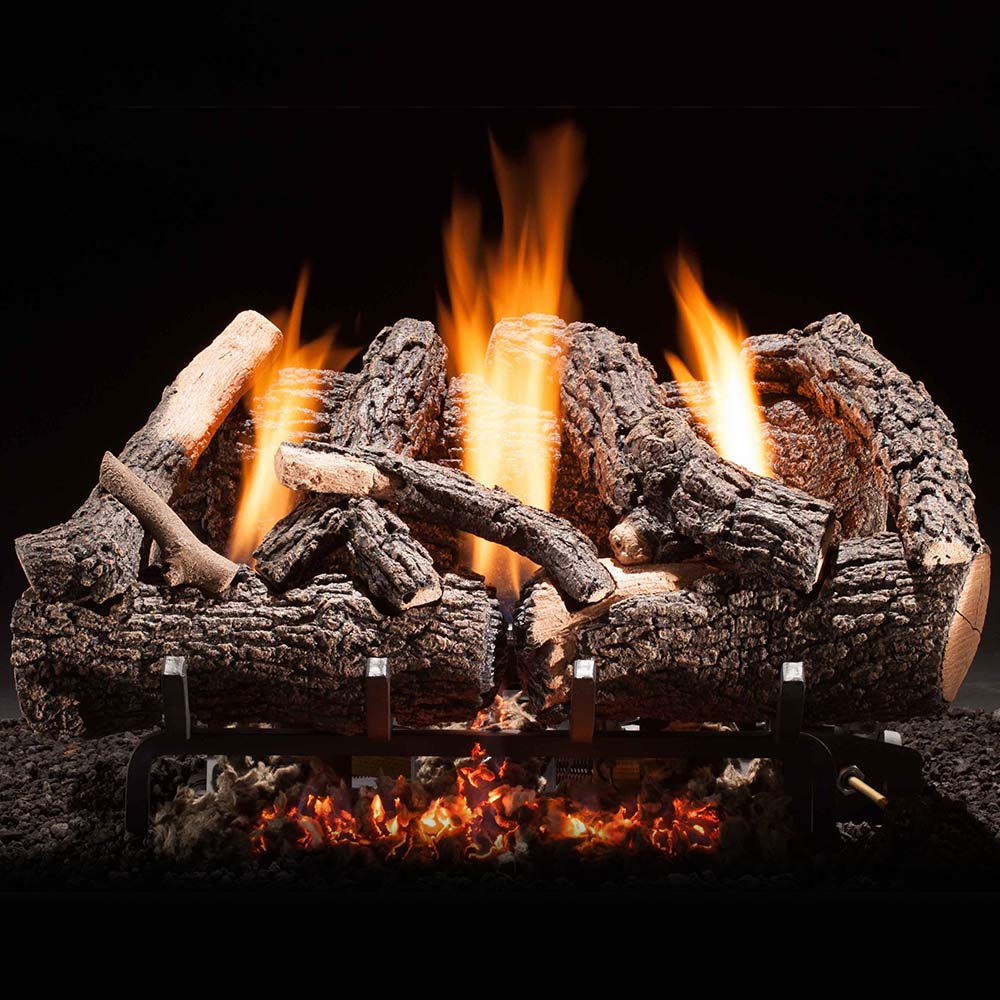 Vent-free gas log set with charred logs and bright orange flames