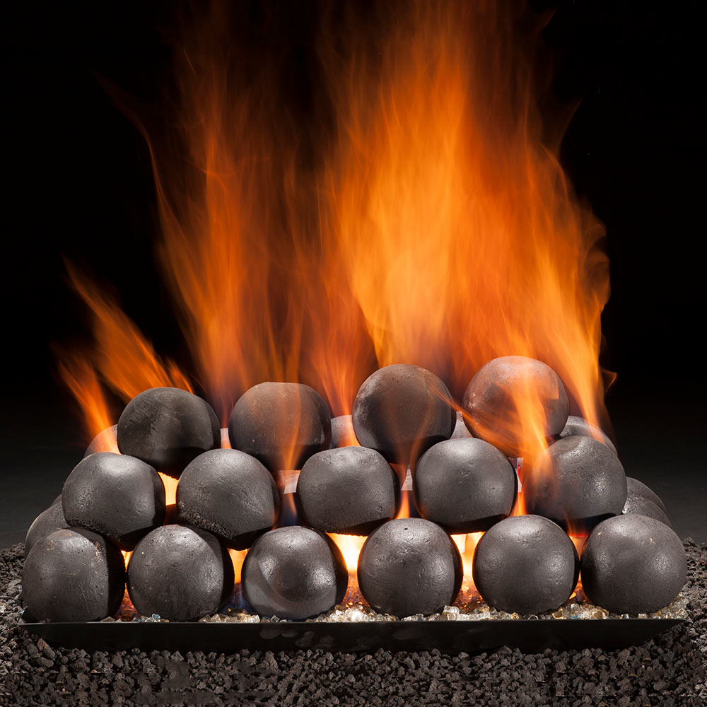 Vented gas burner with matte black cannon balls and flames