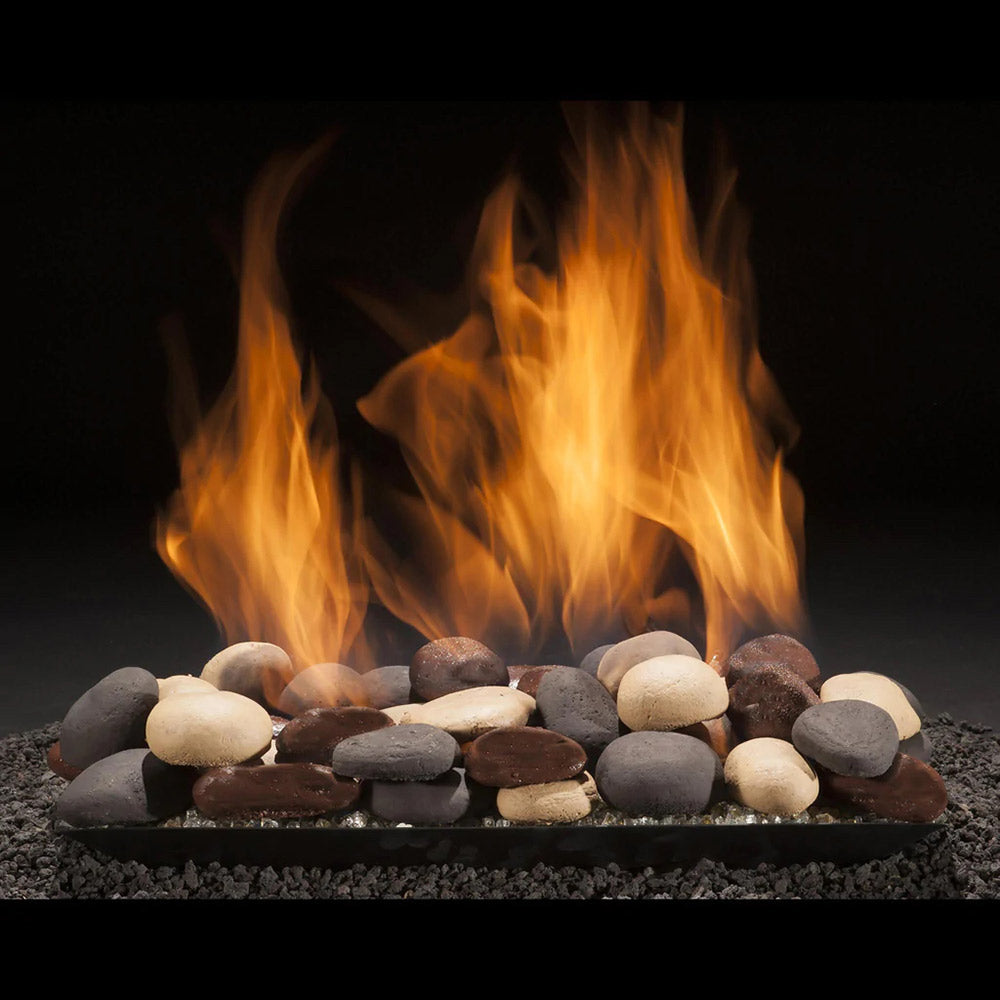 River stone set with assorted beige and dark stones for fire pit
