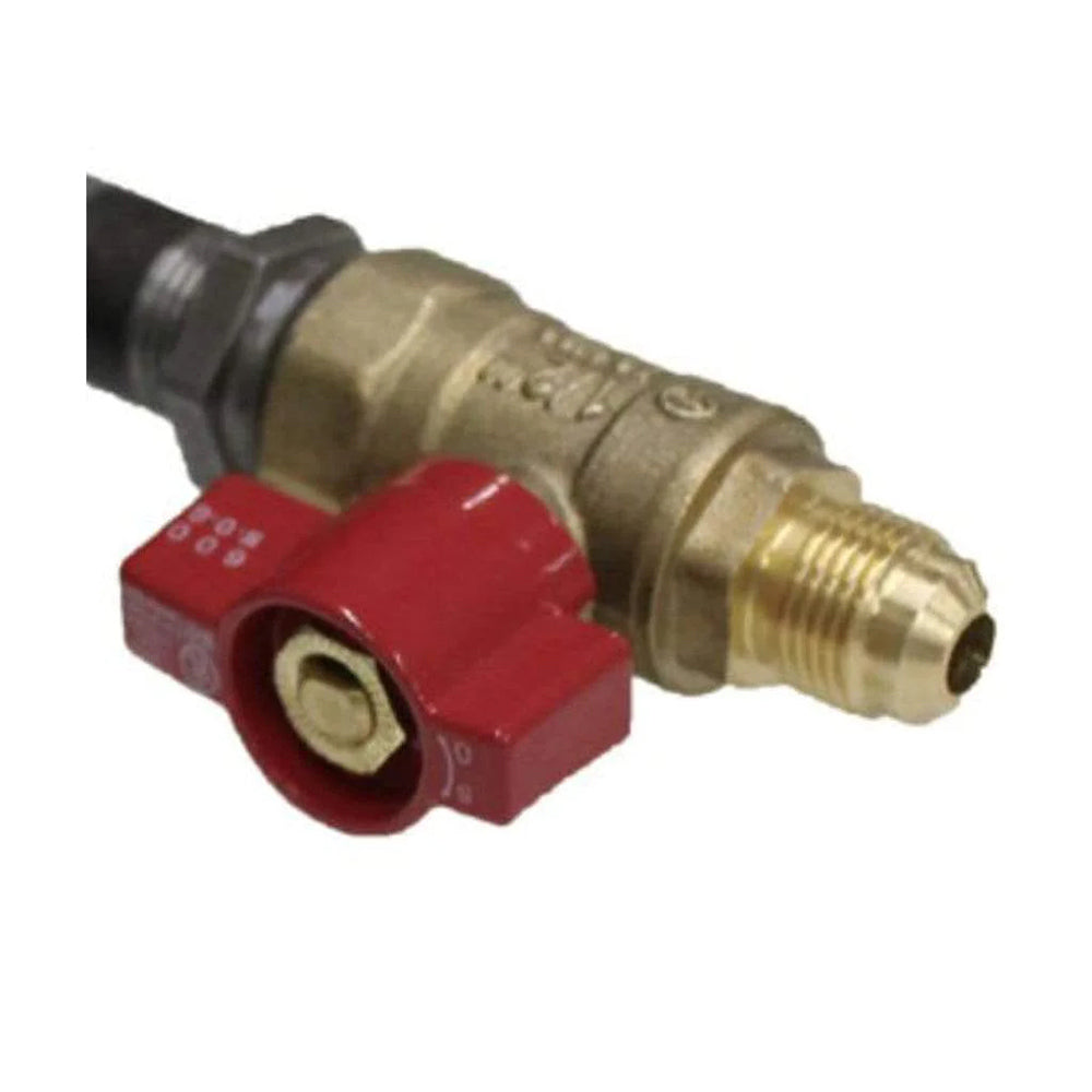Manual gas shutoff valve with extension handle, brass body and red lever.