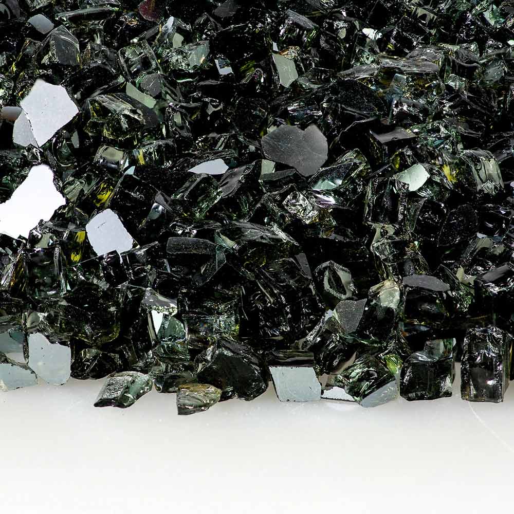 Midnight black reflective fire glass chunks, mixed green highlights, 1/2-inch pieces