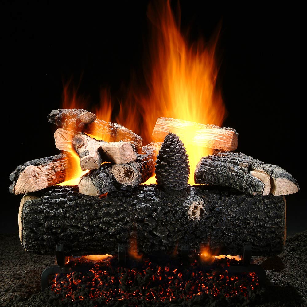 Vented gas log set with glowing burning logs and embers in a firebox