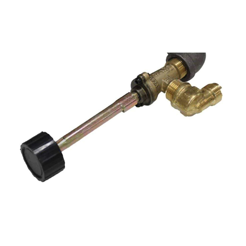 Manual gas shutoff valve with black knob and brass body with threaded connections