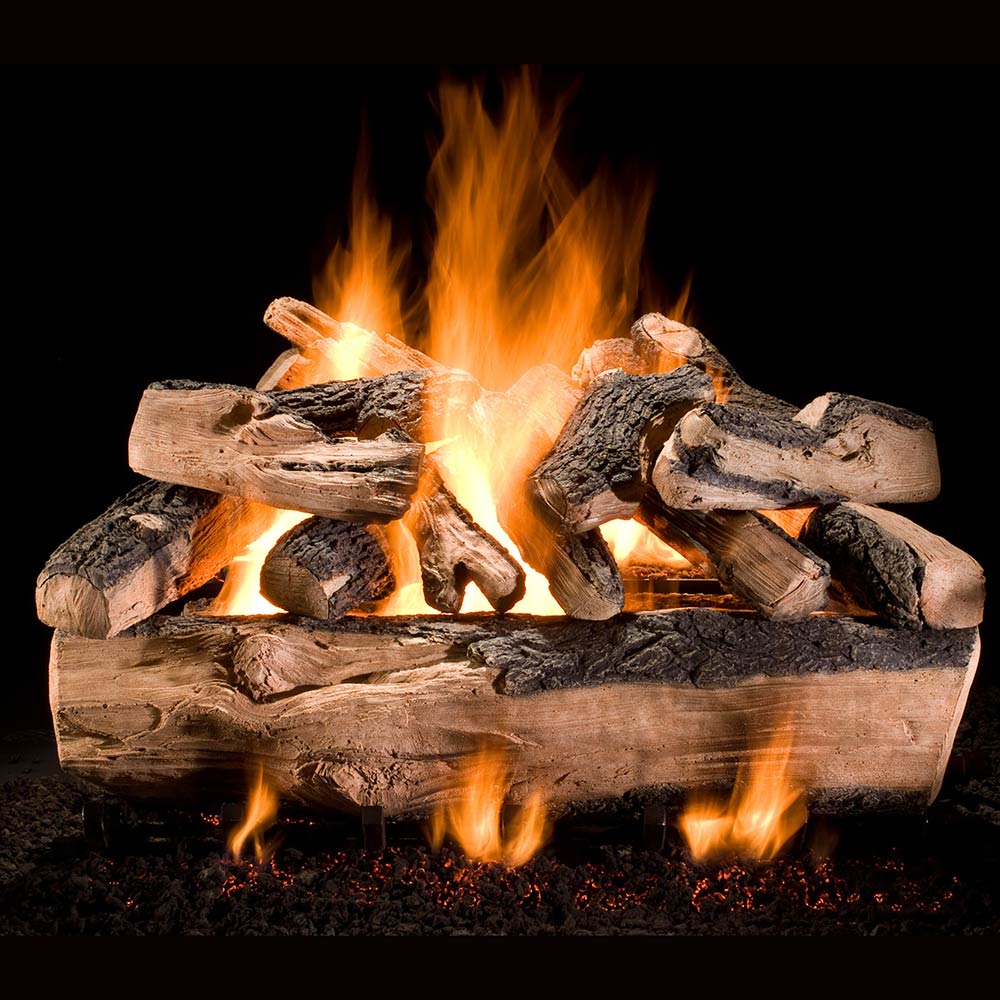 Vented split wood gas log set with glowing flames and ember bed