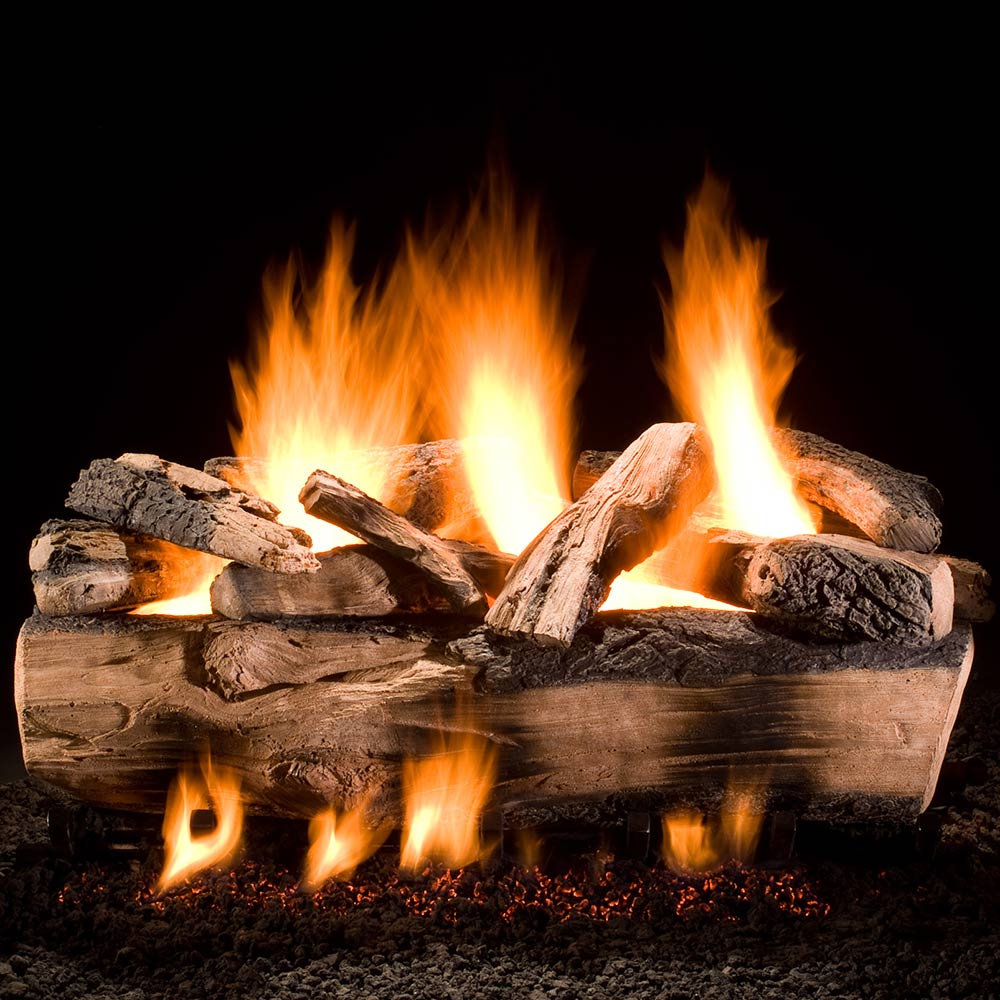 Vented gas log set with split logs, glowing flames