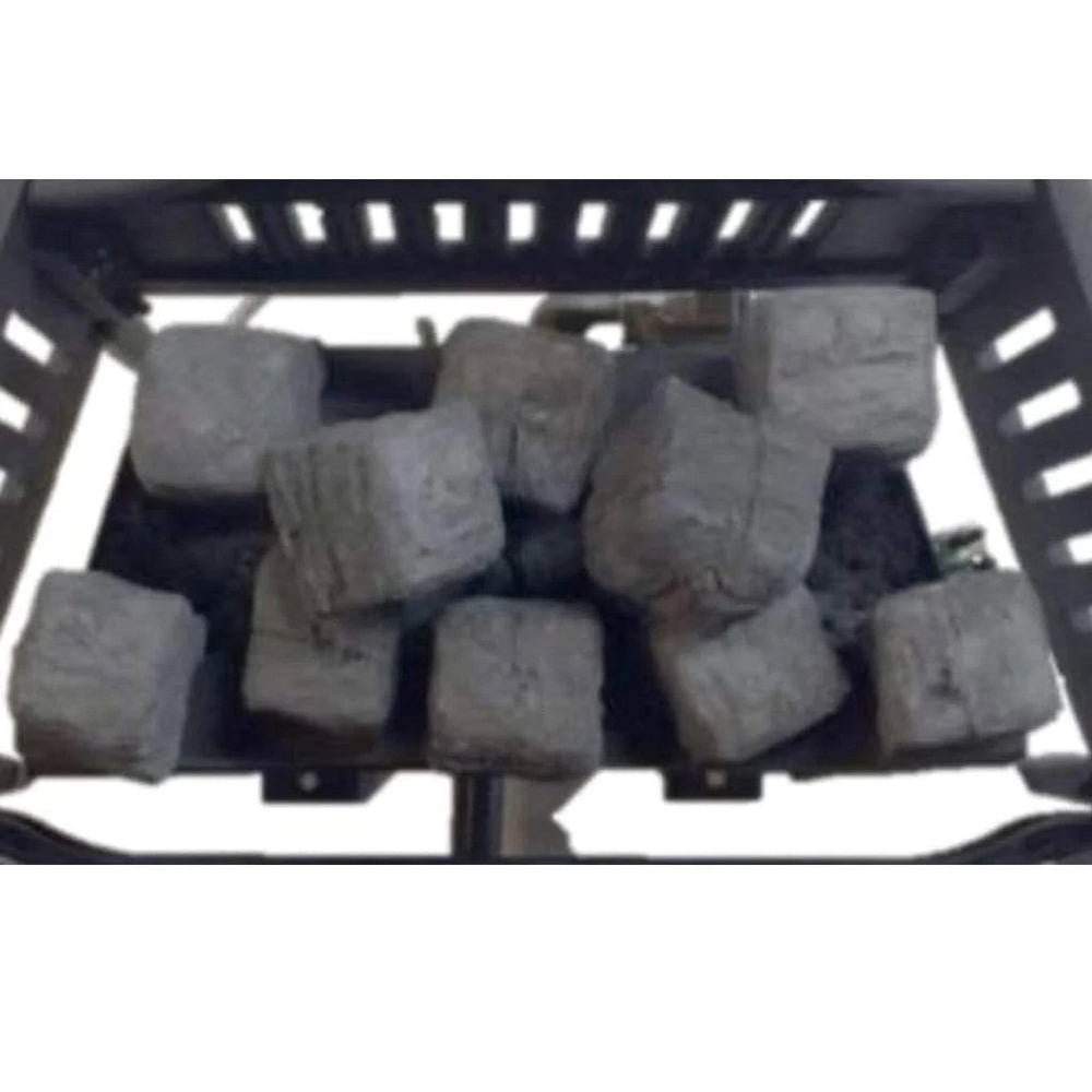 Charcoal briquettes, dark gray, stacked in a heating basket