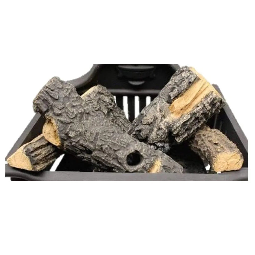 Olde World basket log set with dark gray and tan faux wood logs in tray