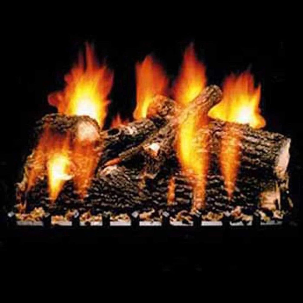 Vented gas log set with glowing embers and multiple open flames