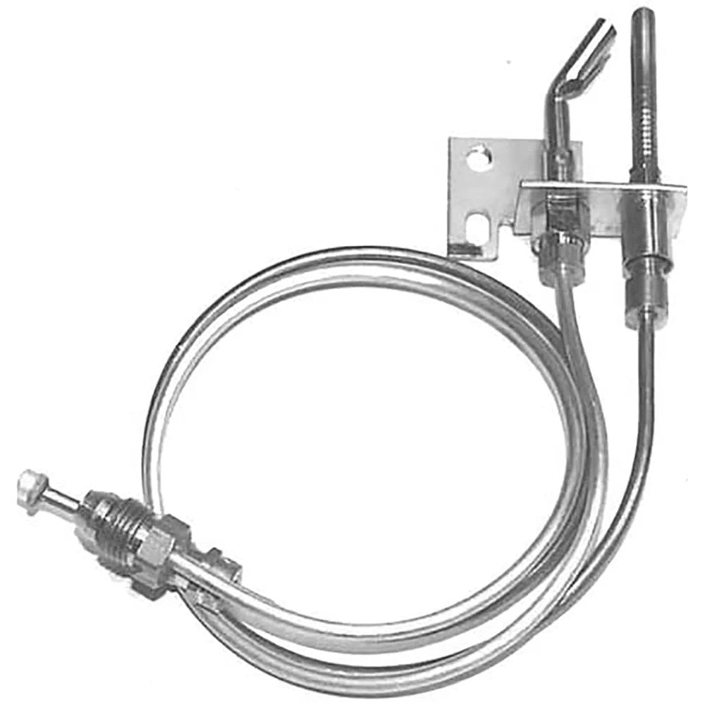 Thermocouple and pilot burner assembly with coiled metal tube and mounting bracket