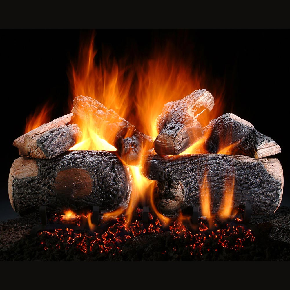 Vented gas logs with glowing embers and open flames