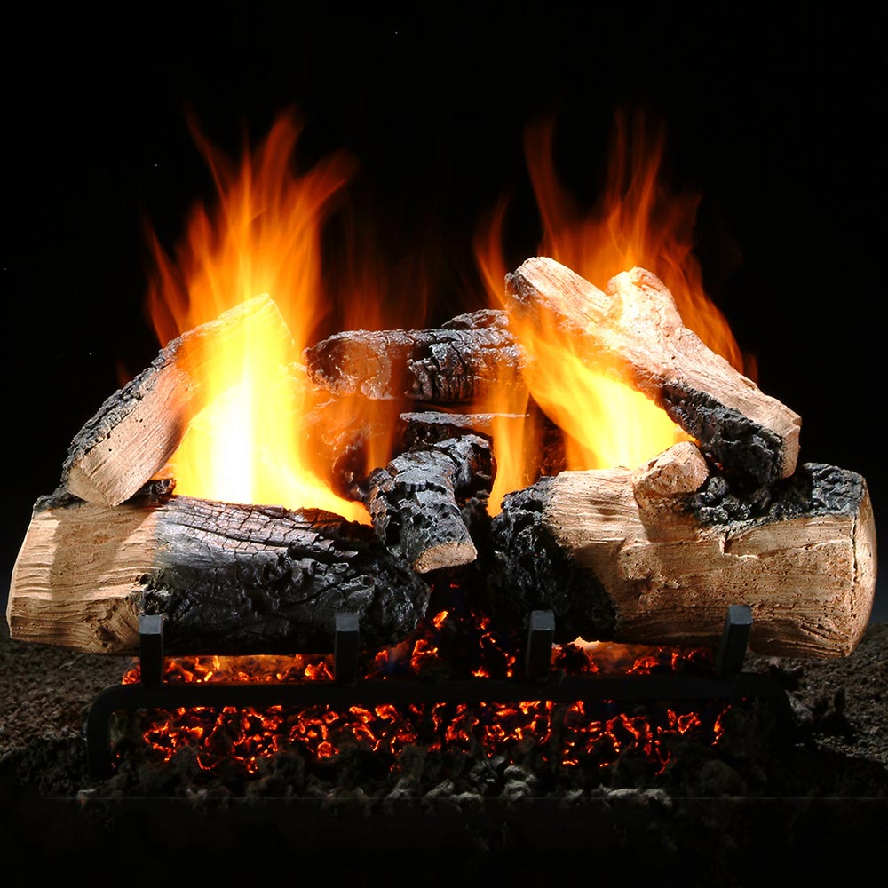 Gas log set with burning logs and glowing embers