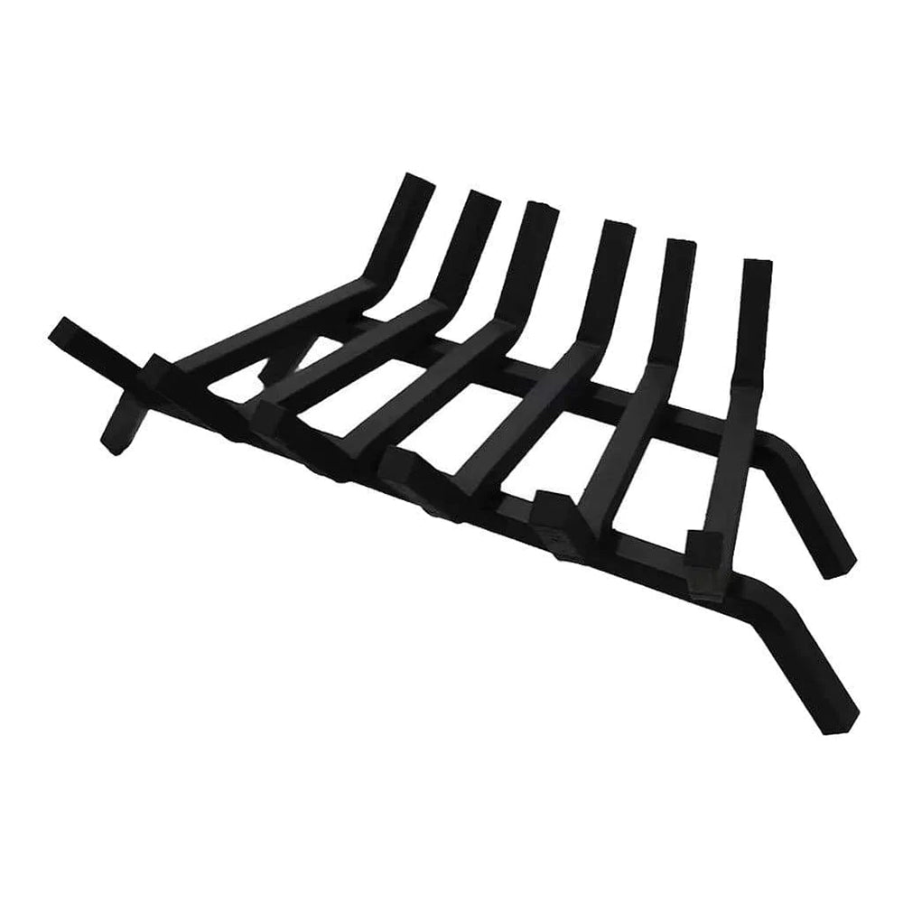 Single-side wood burning grate with angled support legs and parallel black bars