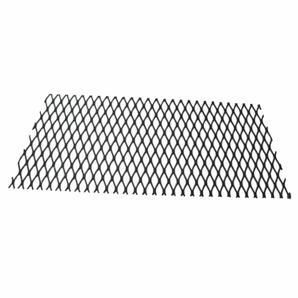 Dark metal wire mesh retainer panel with diamond pattern and serrated edges