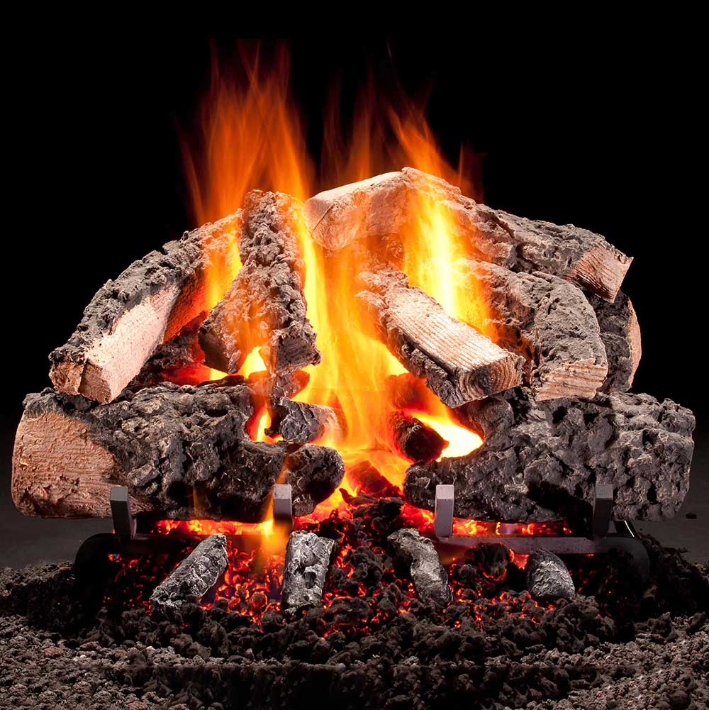 Hargrove Woodland Timbers gas logs with open flames and glowing embers
