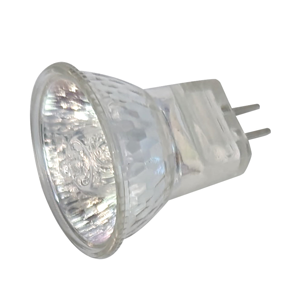 Clear glass halogen replacement ember bulb with two-pin plug, 50W.