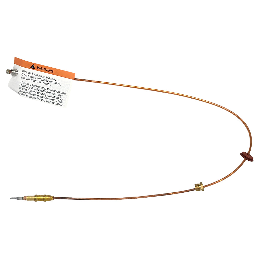 Replacement thermocouple with orange warning tag and brass end connectors, brown cable