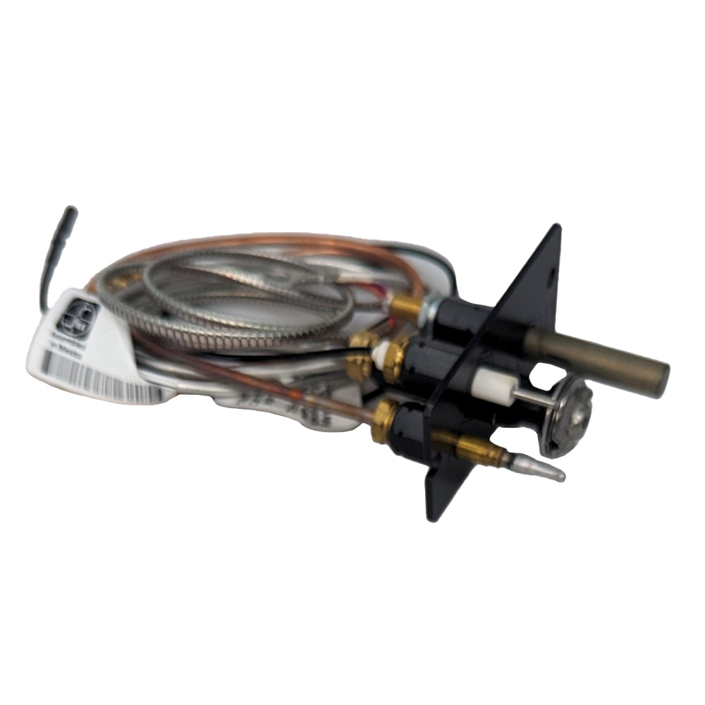 Three-way natural gas pilot assembly with black mounting bracket and copper tube