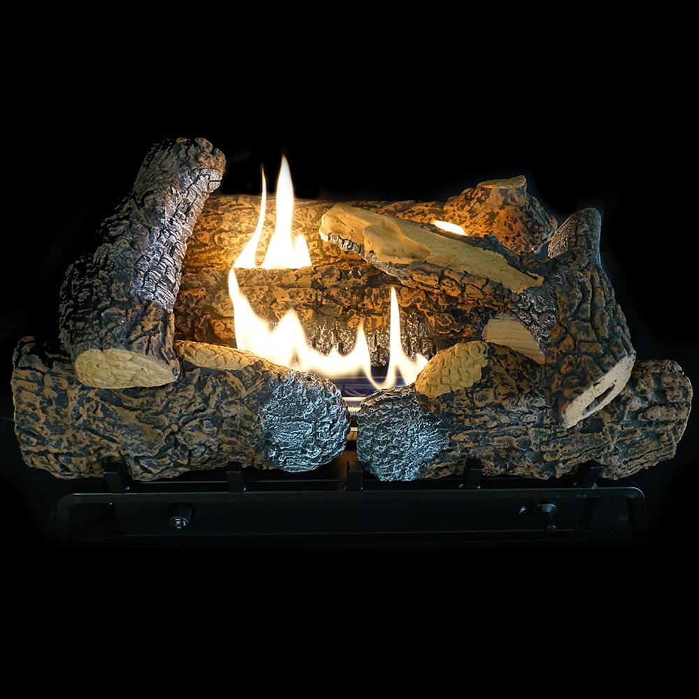 Refractory gas log set with glowing flames and textured faux charred logs