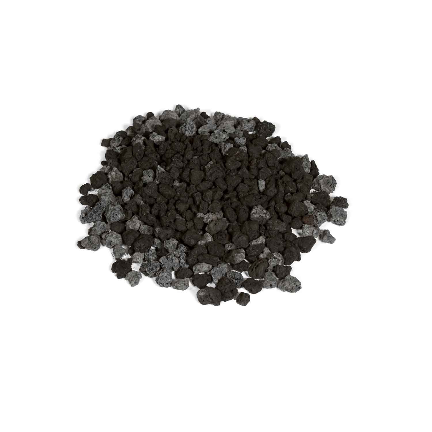Black granules pile with small dark stone chips and gravel