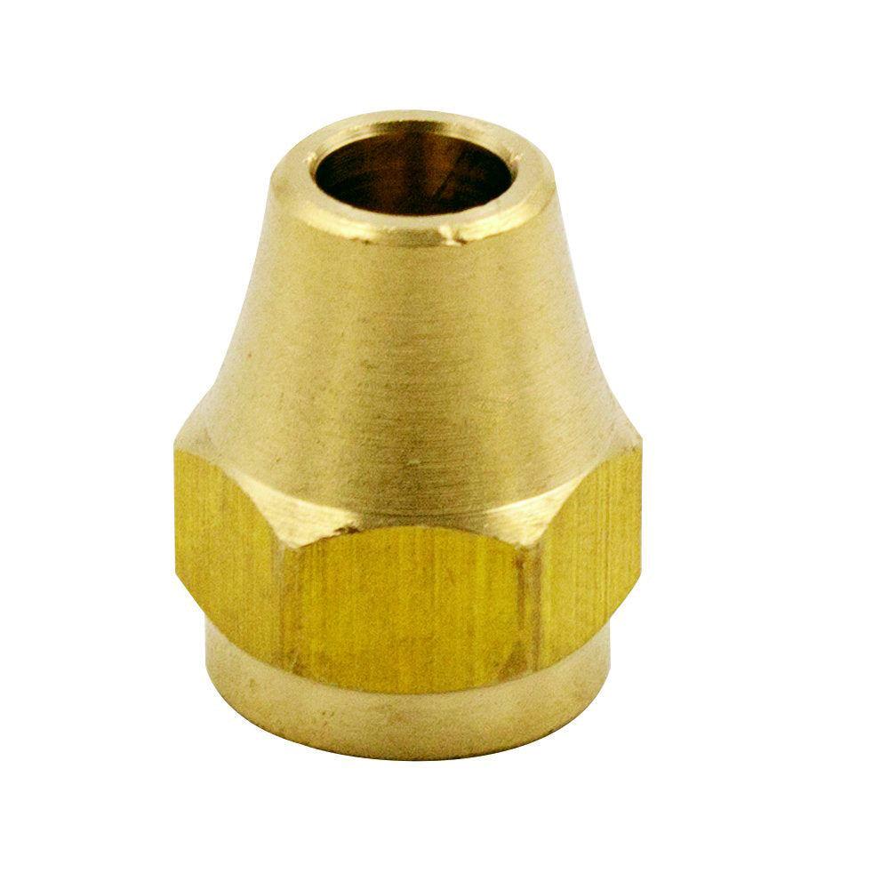 Brass flare nut fitting with hex exterior and flared seat for 3/8 in tube