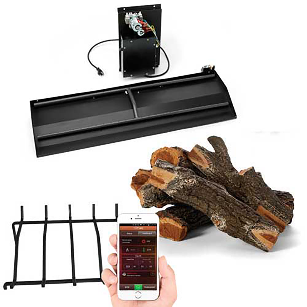 Gas fireplace insert kit with black burner tray, ignition module, grate, brown logs, phone app