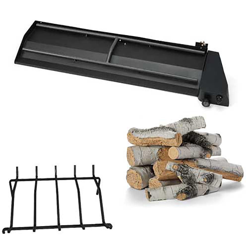 Outdoor gas fireplace insert kit with black burner tray, light gray logs, and metal grate