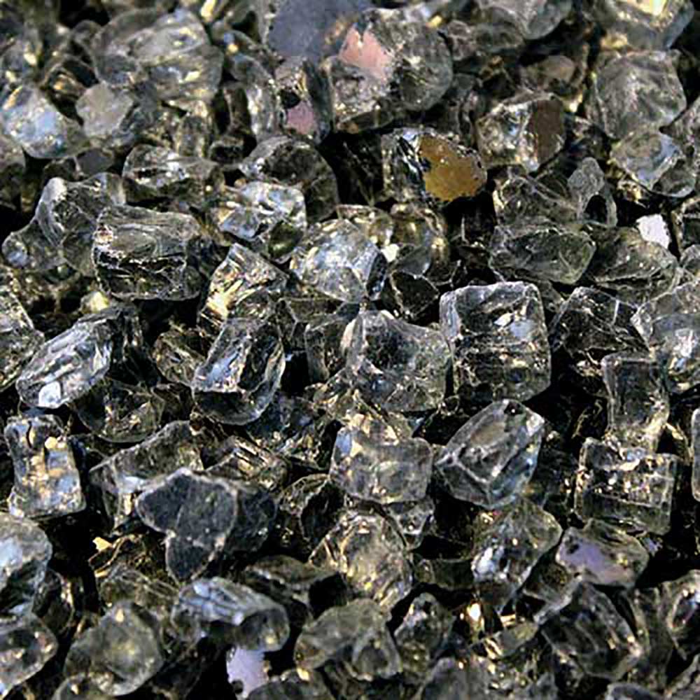 Decorative reflective fire glass, gray and clear crushed chunks