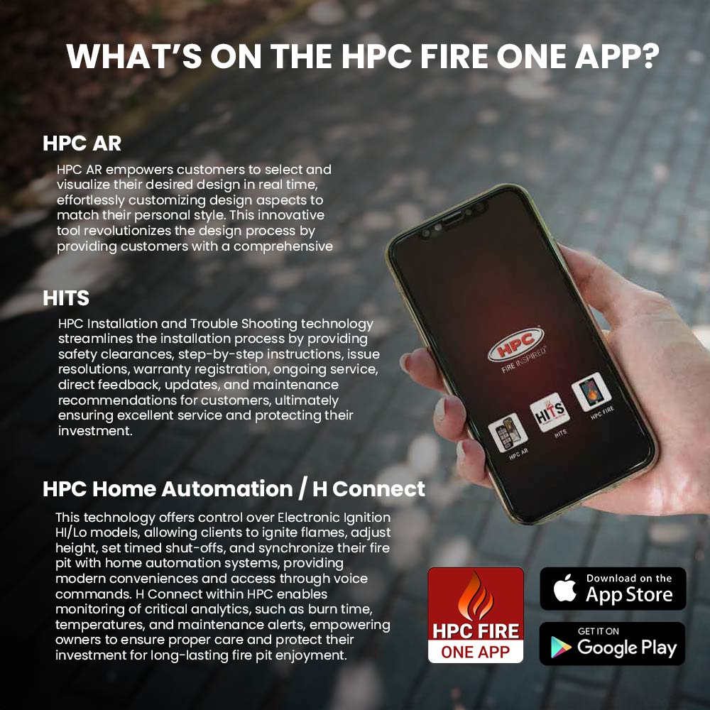 HPC Fire One app on smartphone with flame logo and download badges