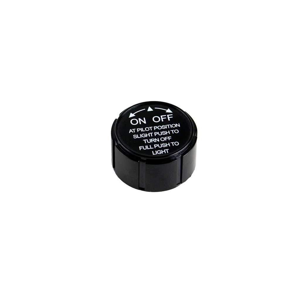 Black pilot control knob with ON/OFF text and push-to-turn light instructions