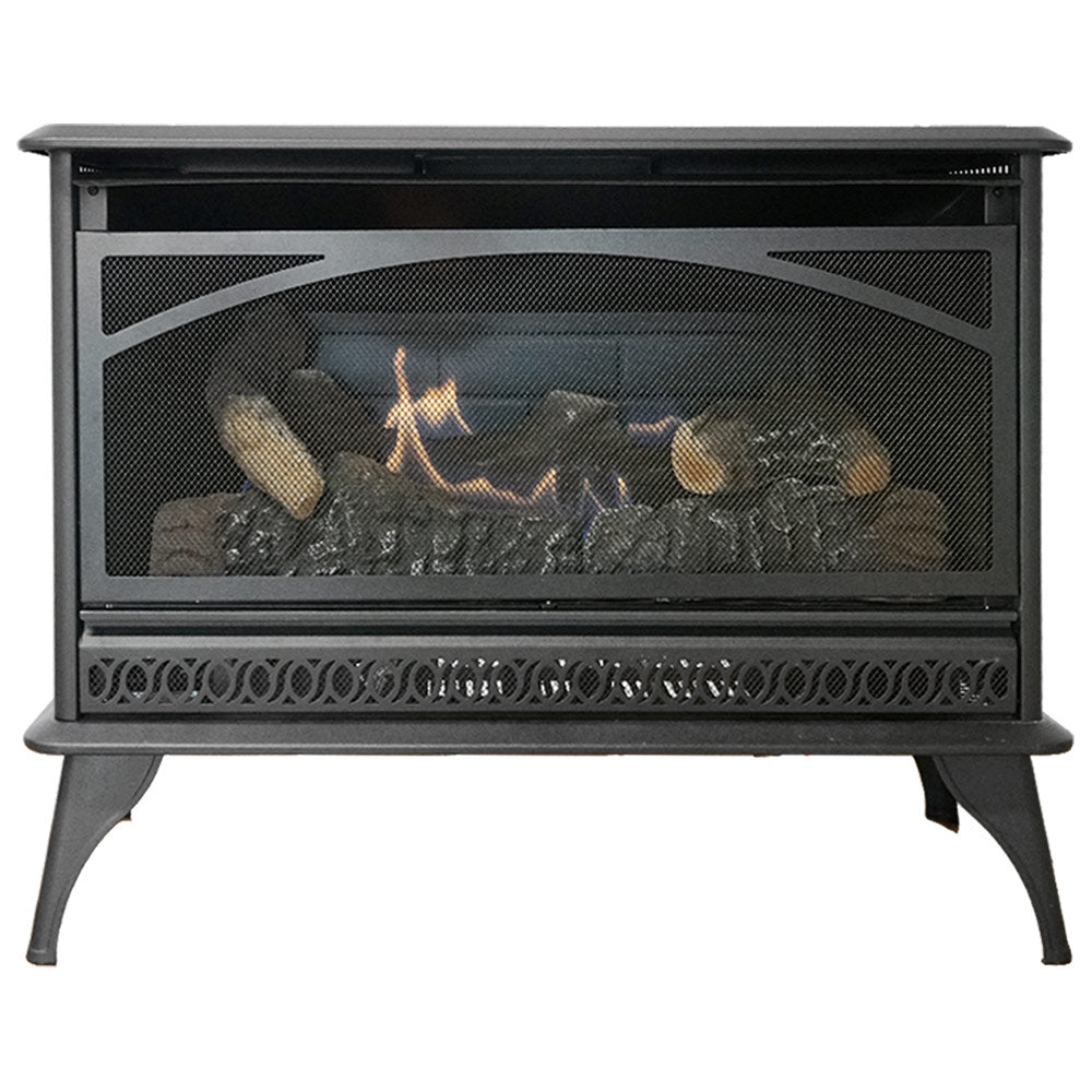 Ventless gas stove with log set, black metal firebox and flames behind glass