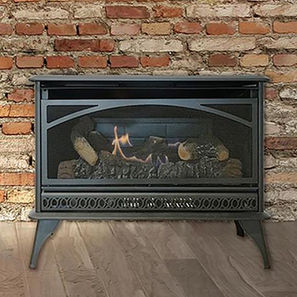 Ventless gas stove with log set, front glass panel showing flames over embers