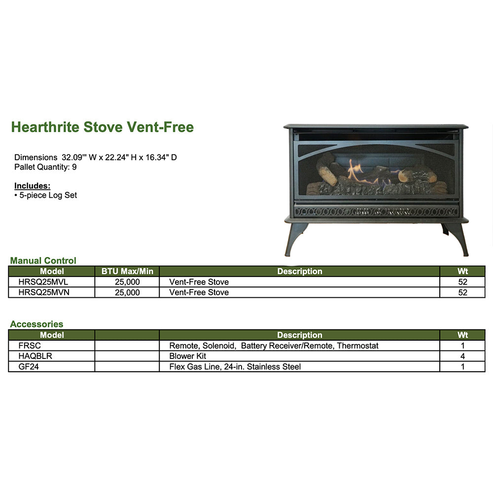 Ventless gas stove with log set, front view on white product information panel