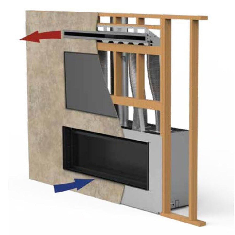 Wall-mounted convection heat kit with black vent panels and wooden frame around fireplace opening