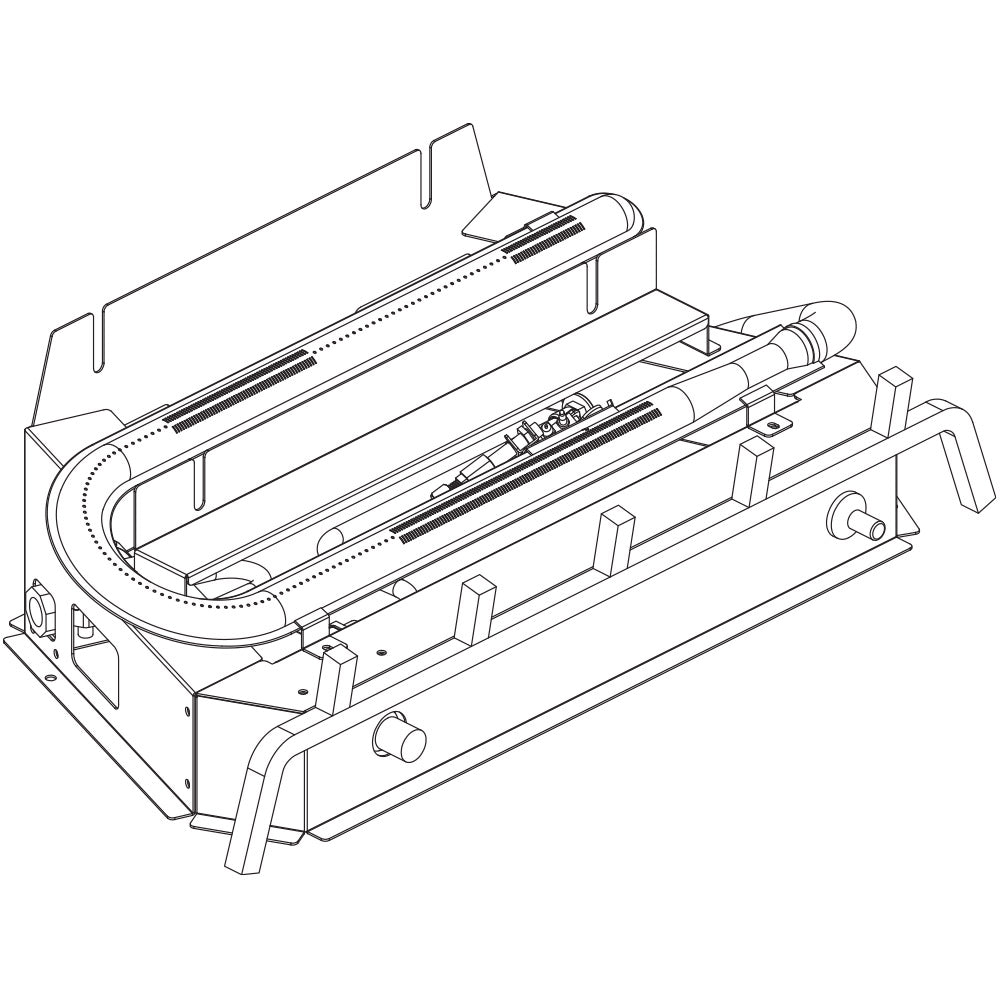Ventless gas burner assembly with metal housing and gas tube, detailed view