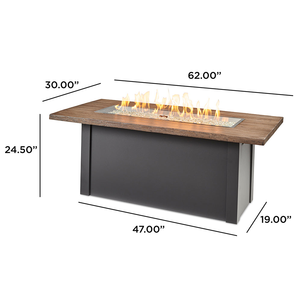 62-inch linear gas fire table dimensions diagram with flames and size labels