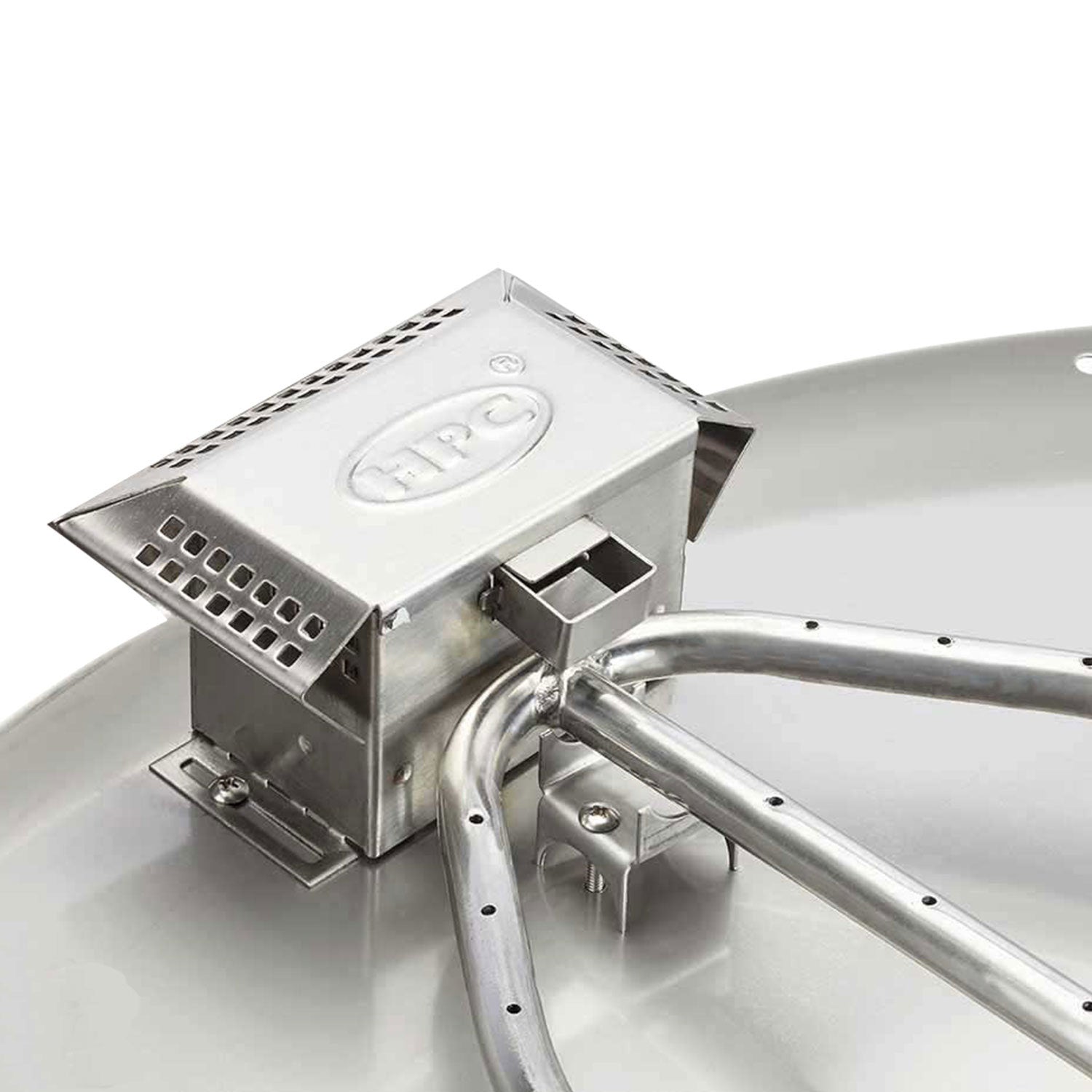 Stainless steel gas fire pit burner head with control housing and metal tubing