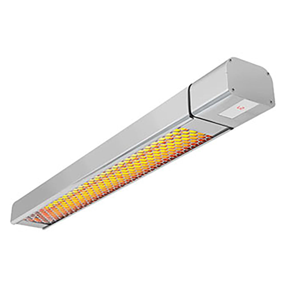 White outdoor electric patio heater with glowing infrared heating bars in metal housing