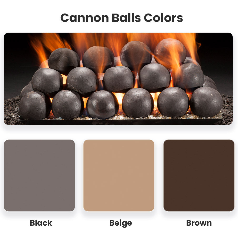 Cannon ball set color options: black, beige, and brown with flames