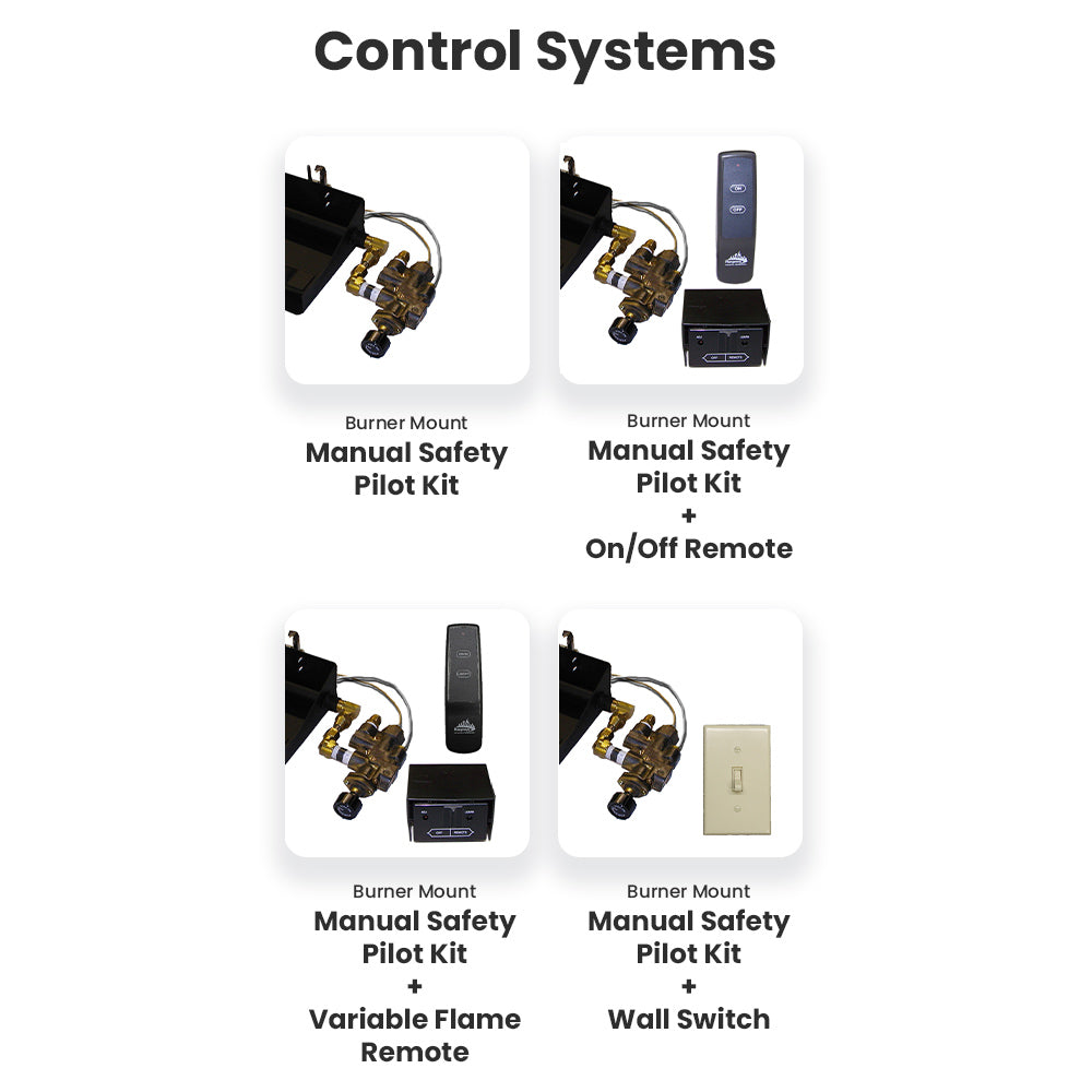 Gas log burner control components with burner mount, pilot, and remote/wall switch