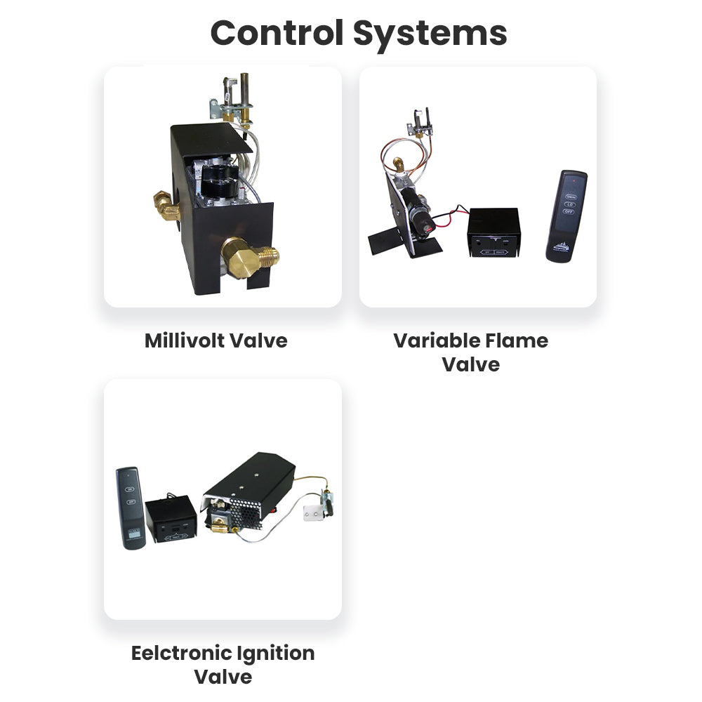 Vent-free gas log set control components with valves and ignition module