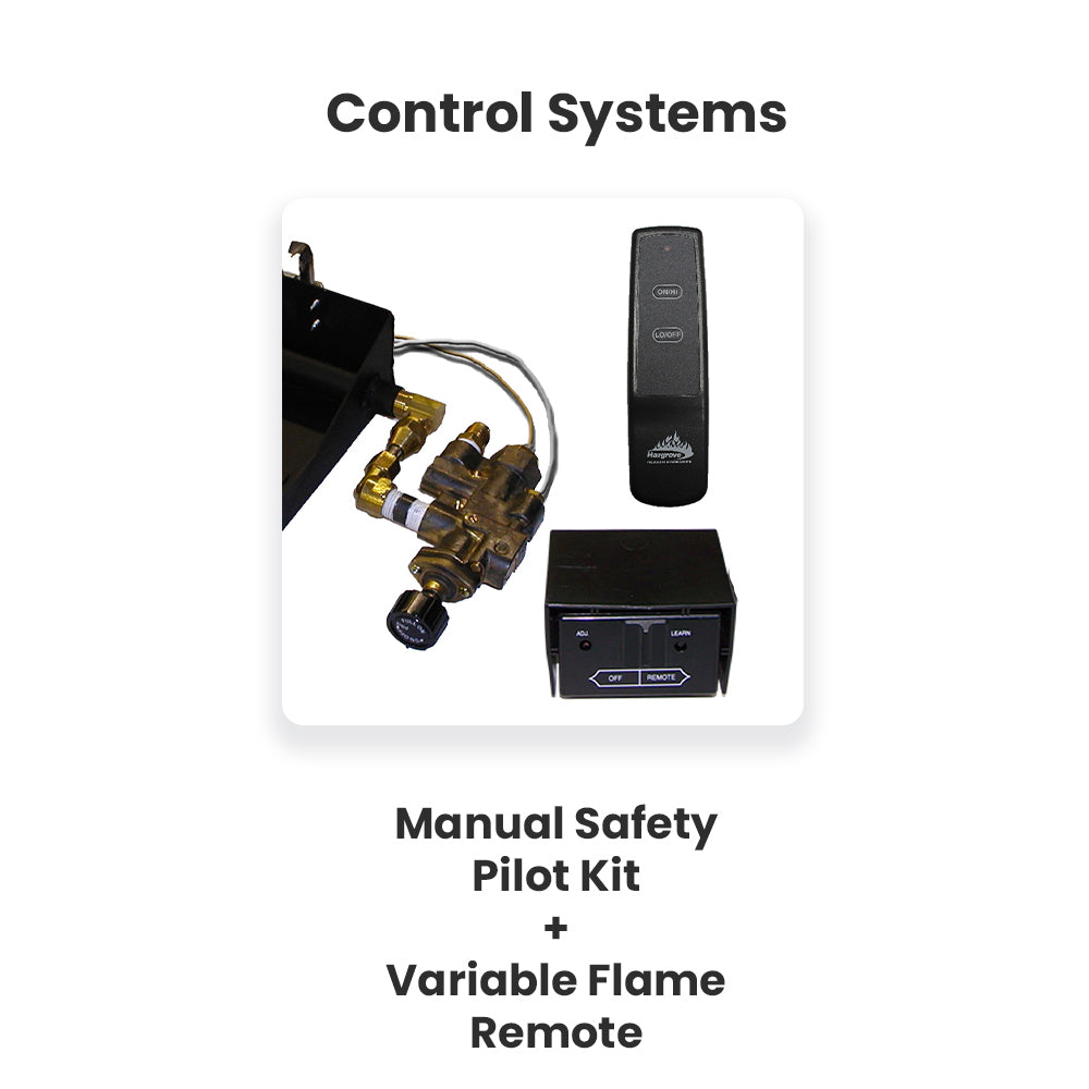 Gas log control kit with remote, control box, and manual safety pilot parts