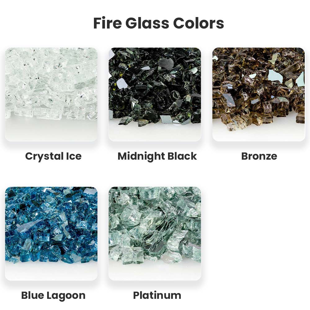 Fire glass color chart with Crystal Ice, Midnight Black, Bronze, Blue Lagoon, Platinum