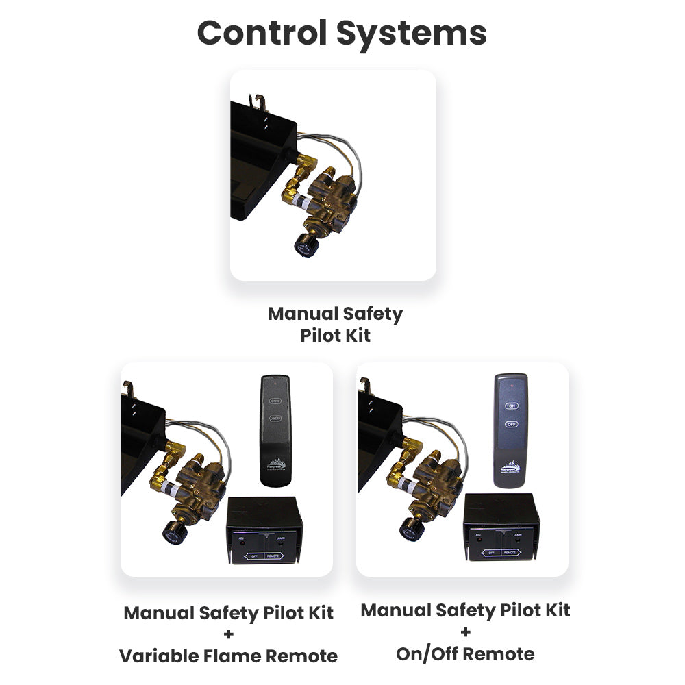 Manual safety pilot kit components with control boxes, brass valves, and remote controls