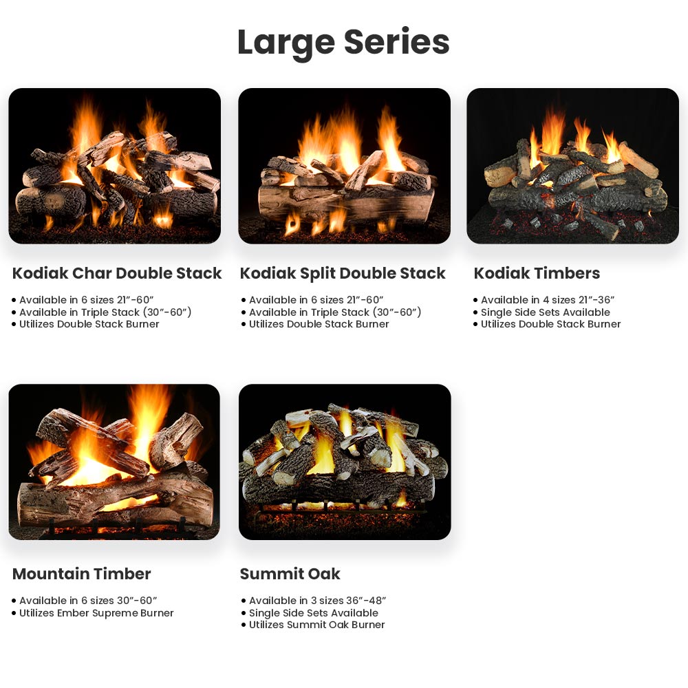 Vented gas log set, shown with six flame and log arrangement views