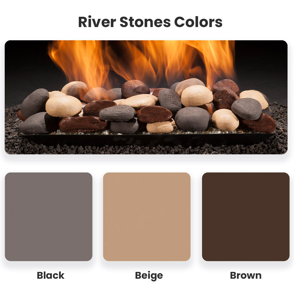 River stones gas fire pit with burning flames and color options swatches