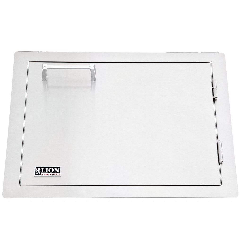 Stainless steel horizontal access door with towel rack and latching hinges