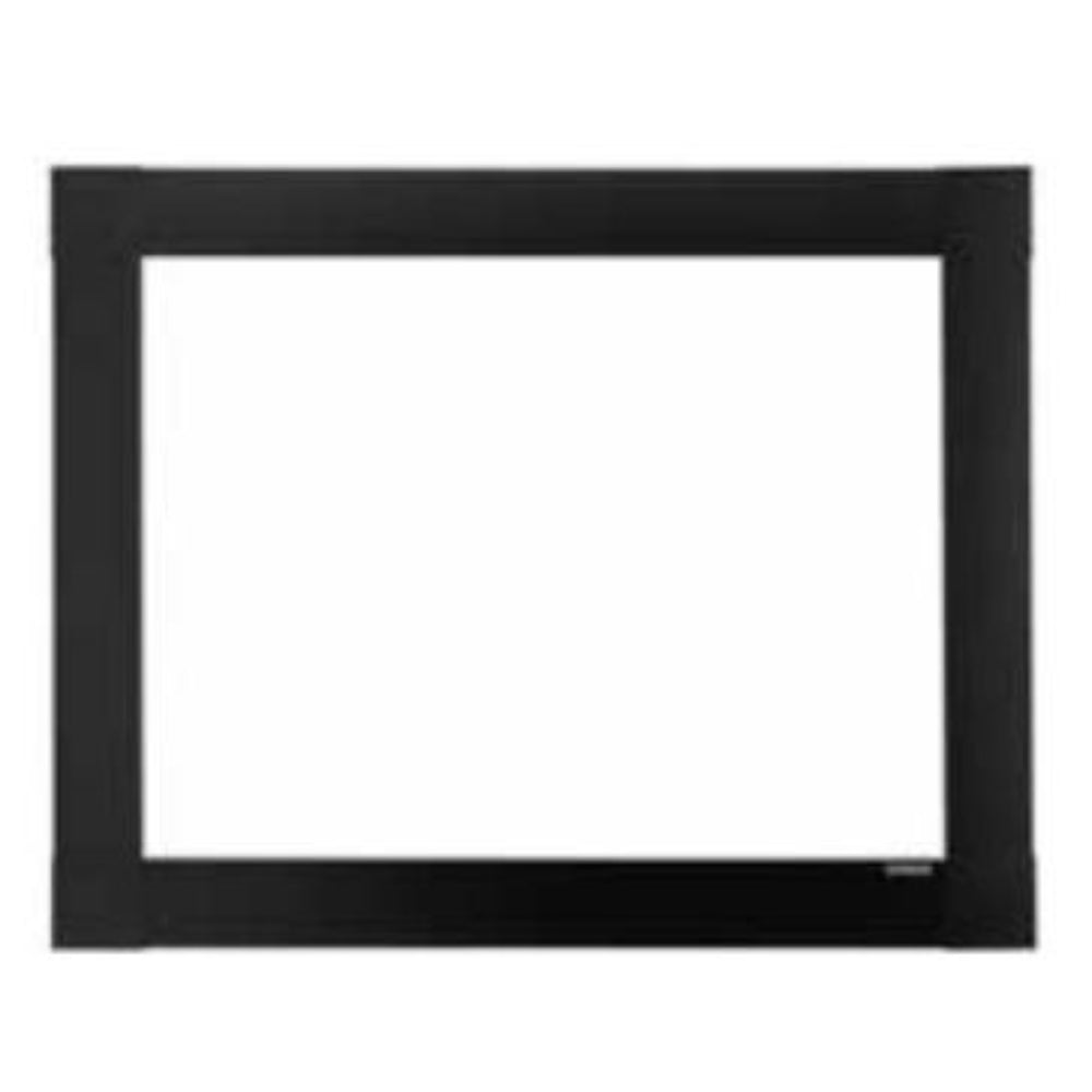 Contemporary firebox front frame, dark charcoal black rectangular with inner opening